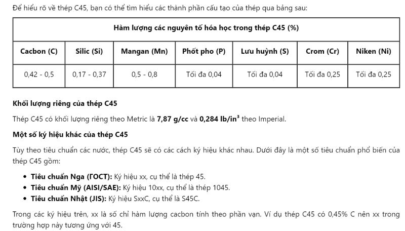 Chi tiết thành phần hóa học của thép C45