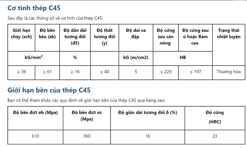 Thép C45 cũng sở hữu những đặc tính kỹ thuật nổi bật